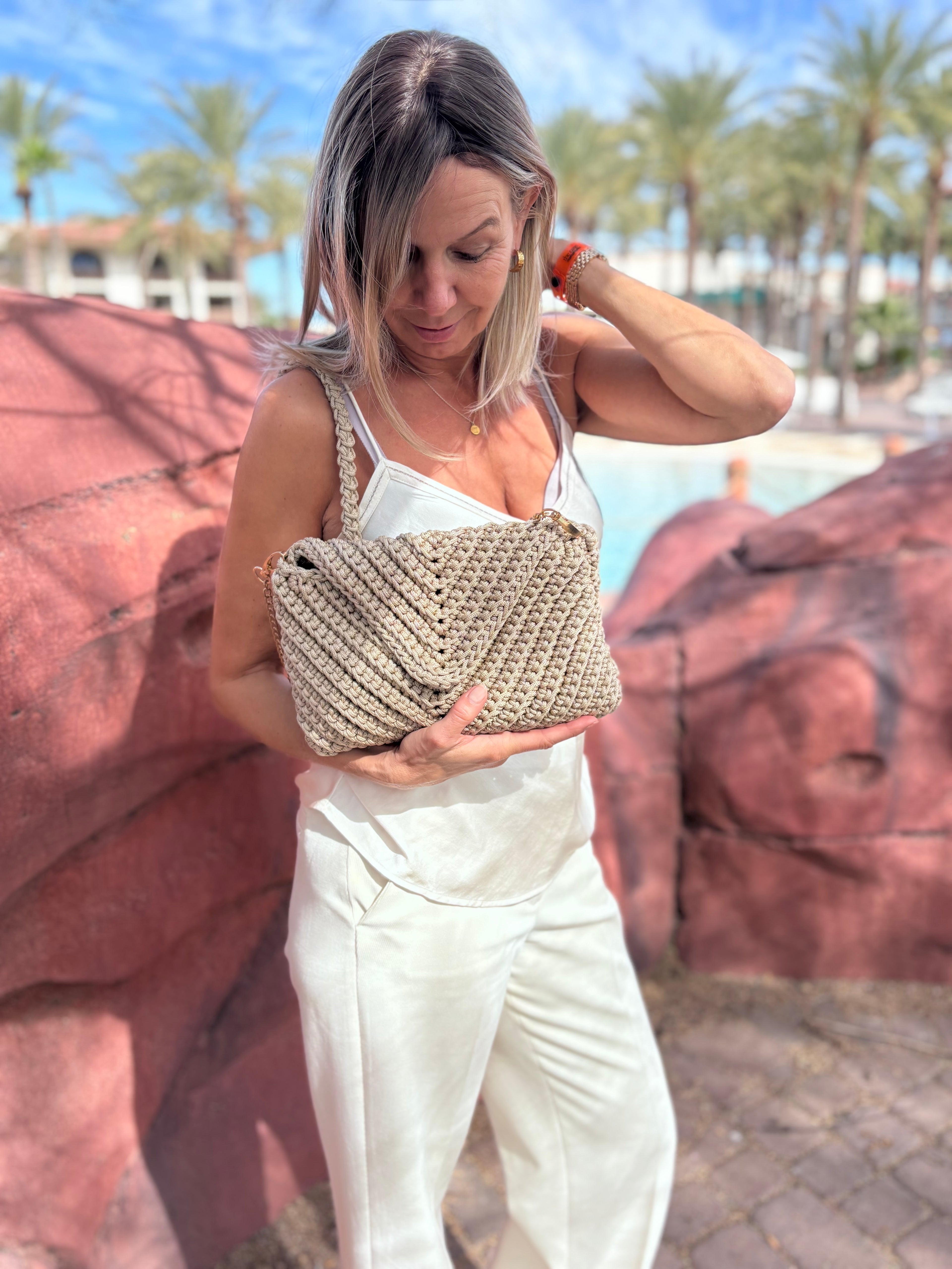 Handwoven Moroccan Crochet Clutch with Chain Strap Beige
