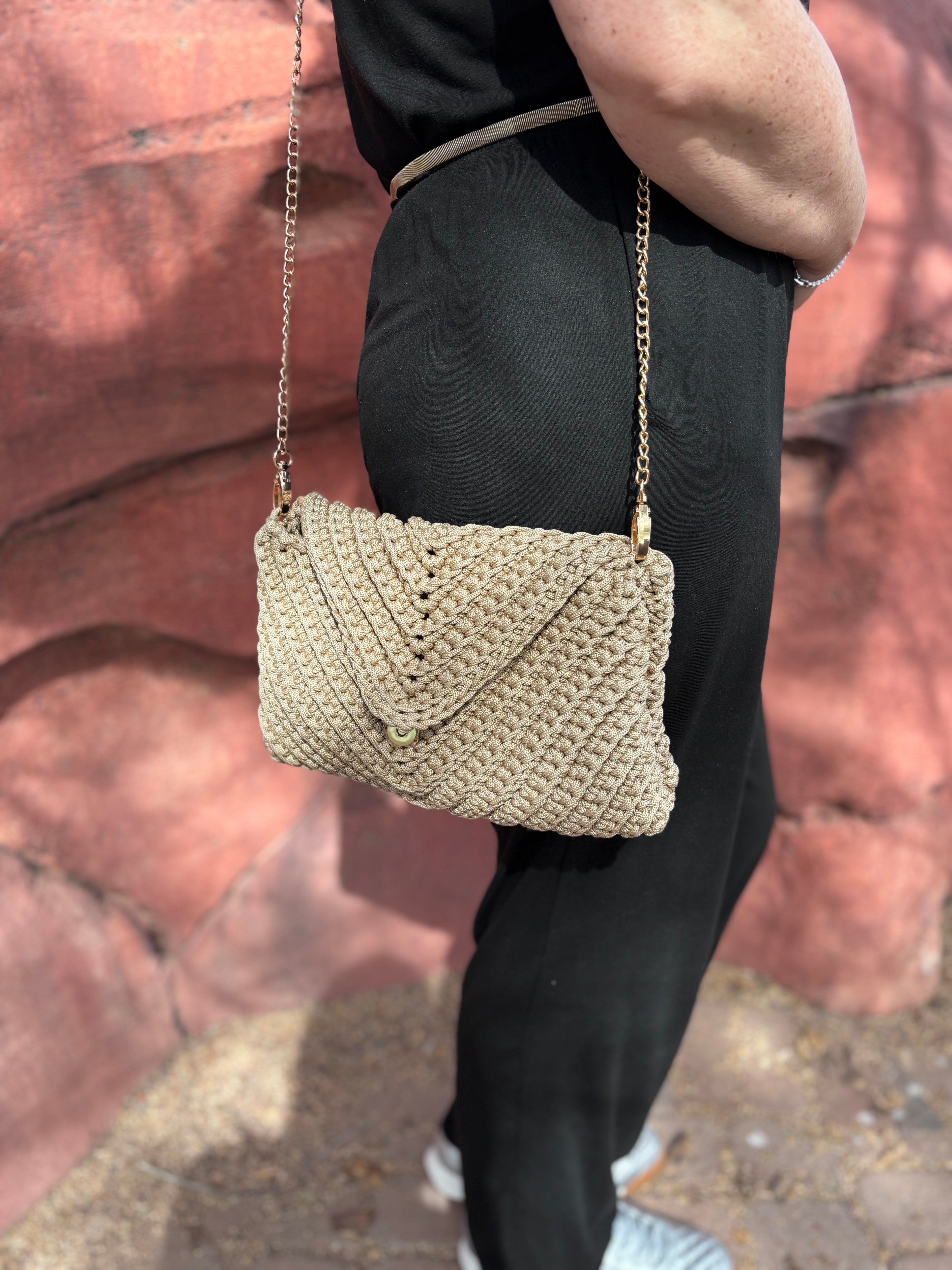 Handwoven Moroccan Crochet Clutch with Chain Strap Beige