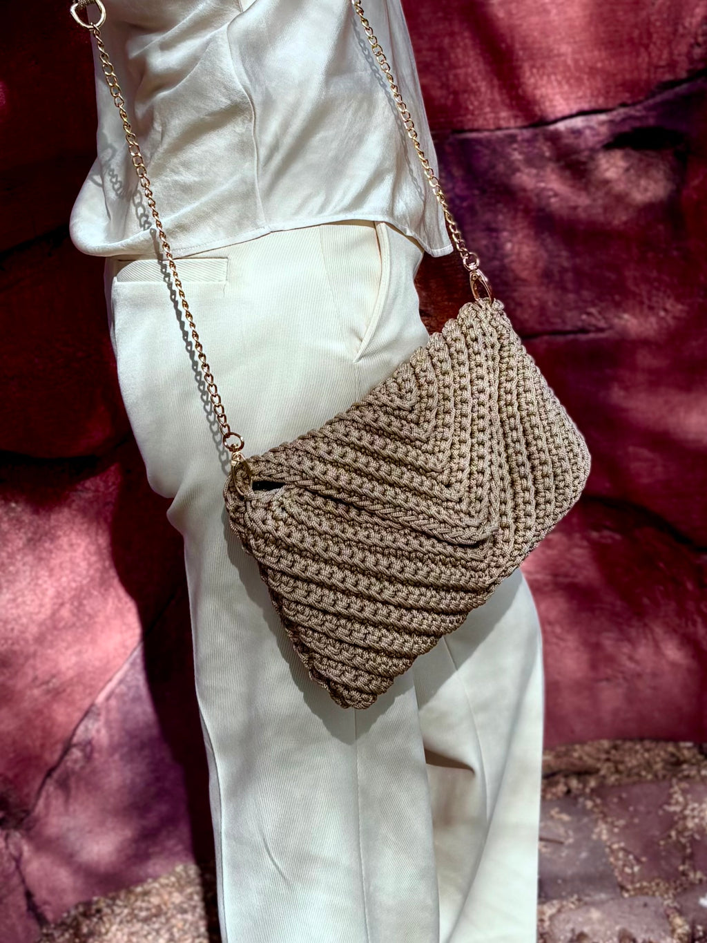 Handwoven Moroccan Crochet Clutch with Chain Strap Beige