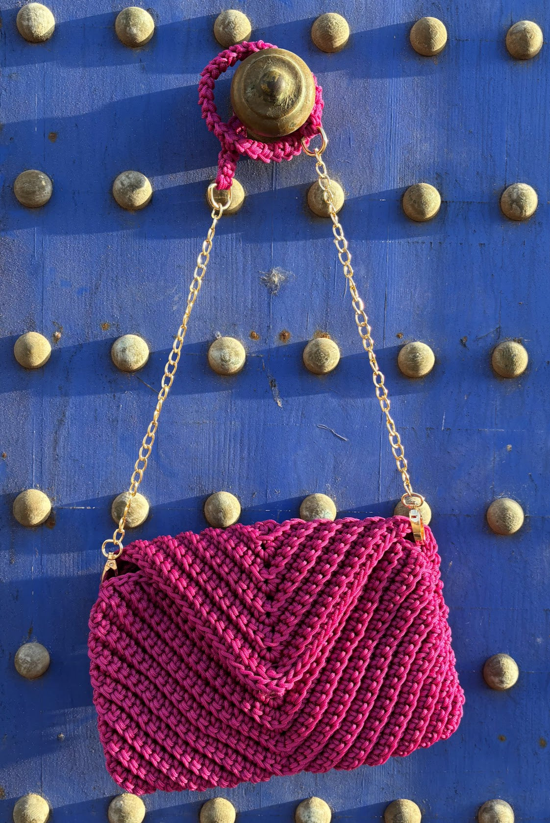 Handwoven Moroccan Crochet Clutch with Chain Strap Pink