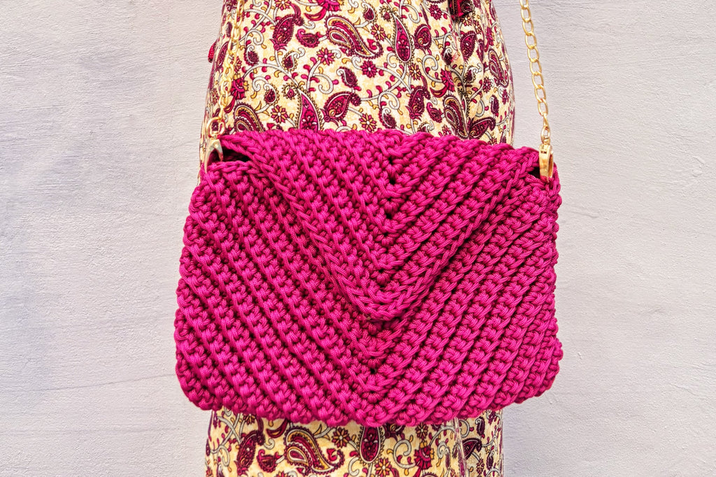 Handwoven Moroccan Crochet Clutch with Chain Strap Pink