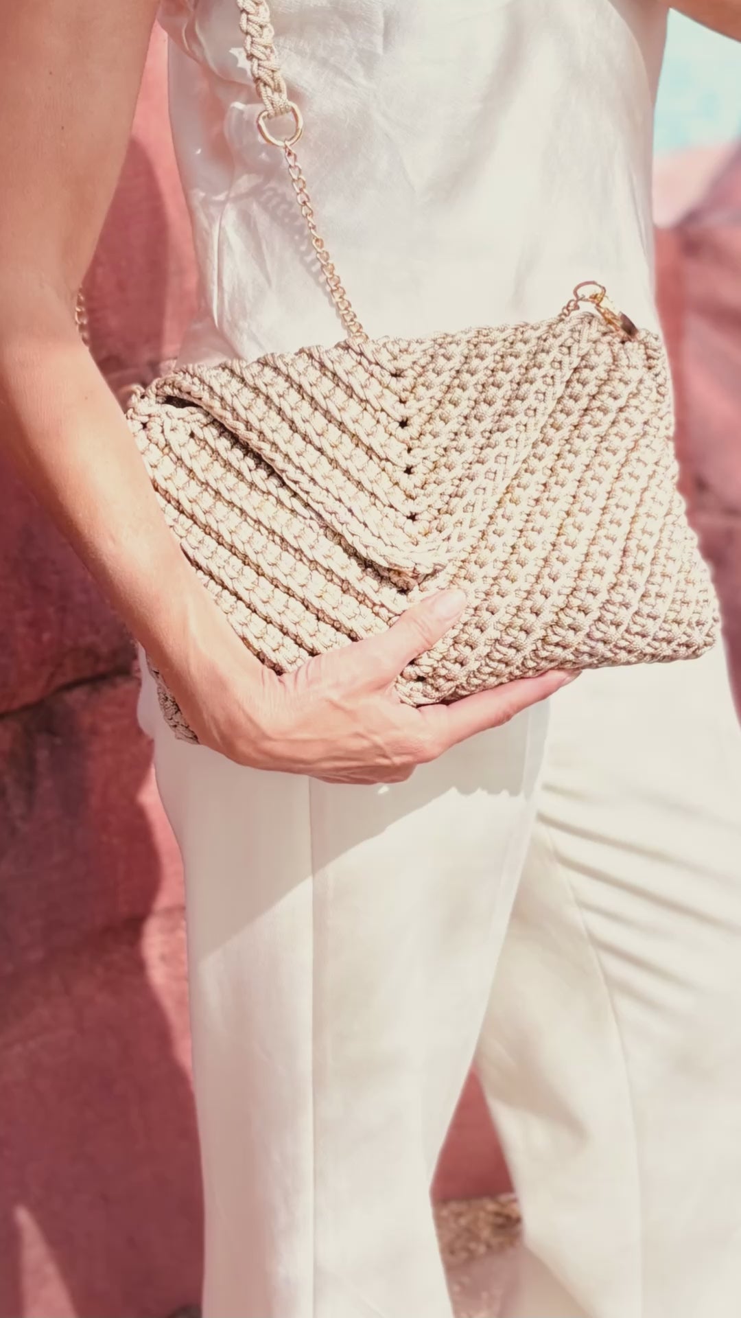 Handwoven Moroccan Crochet Clutch with Chain Strap Beige